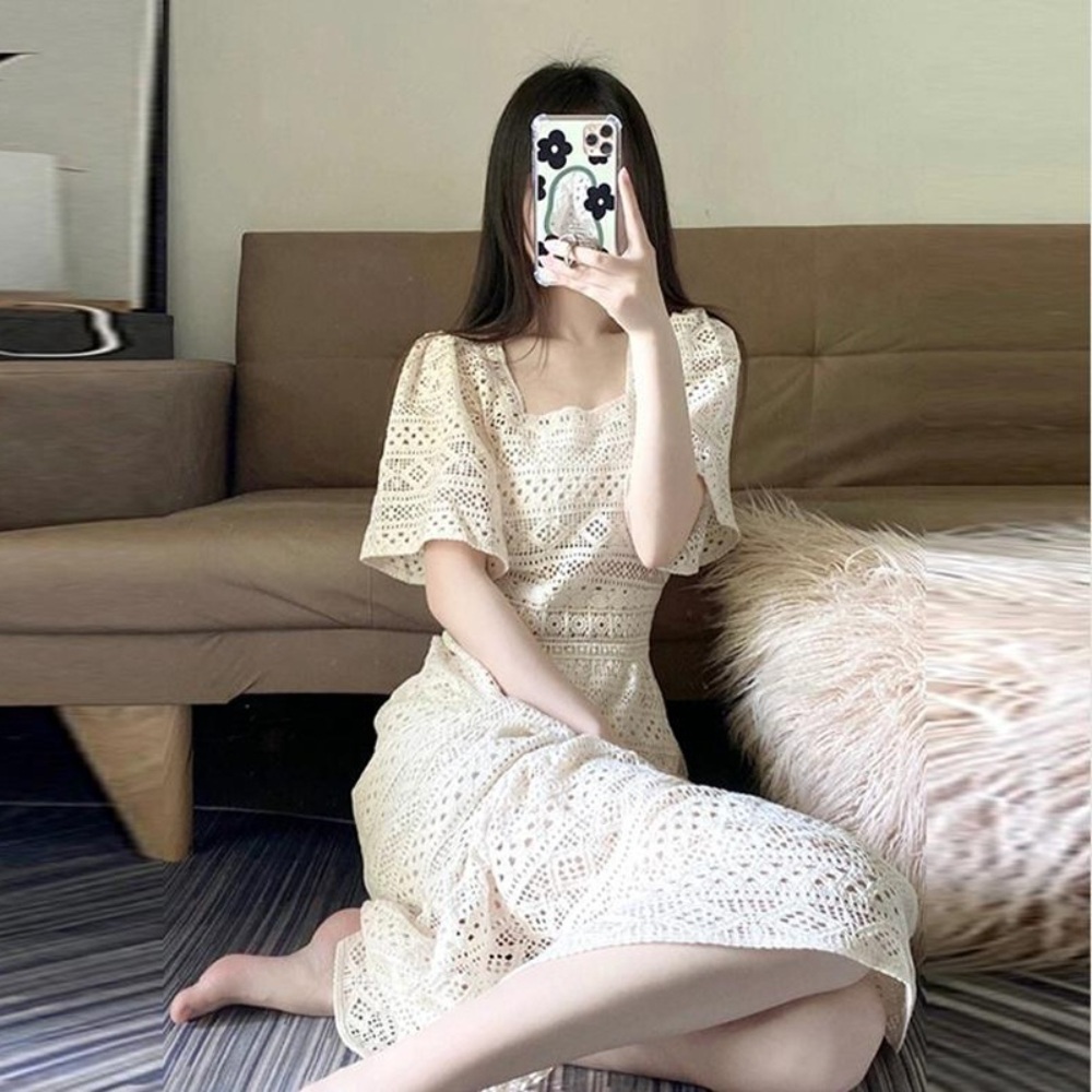 시스루 펀칭 스퀘어넥 반팔 머메이드 드레스 언피스 휴양지 동남아 여행 빅사이즈 아이보리 - 상세 이미지 3