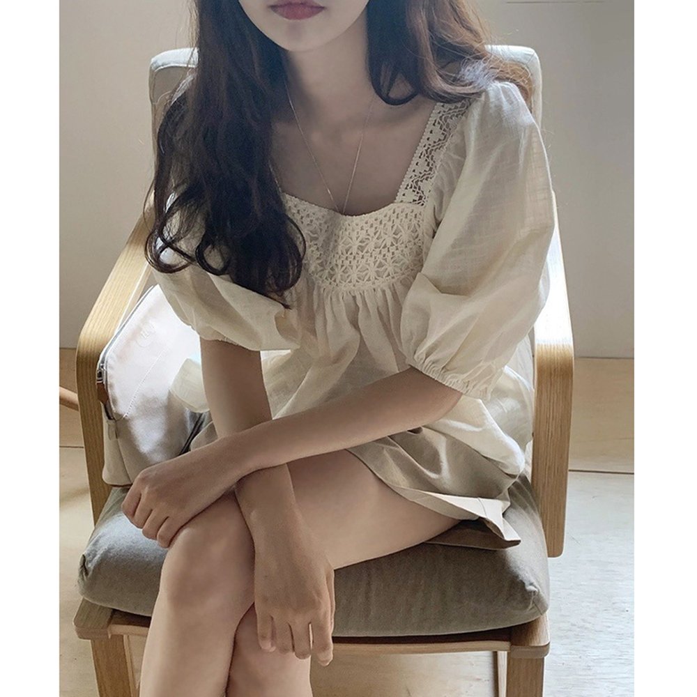 뒷주름블라우스 여름 흰 화이트 펀칭 뒤트임 퍼프 블라우스 - 상세 이미지 3