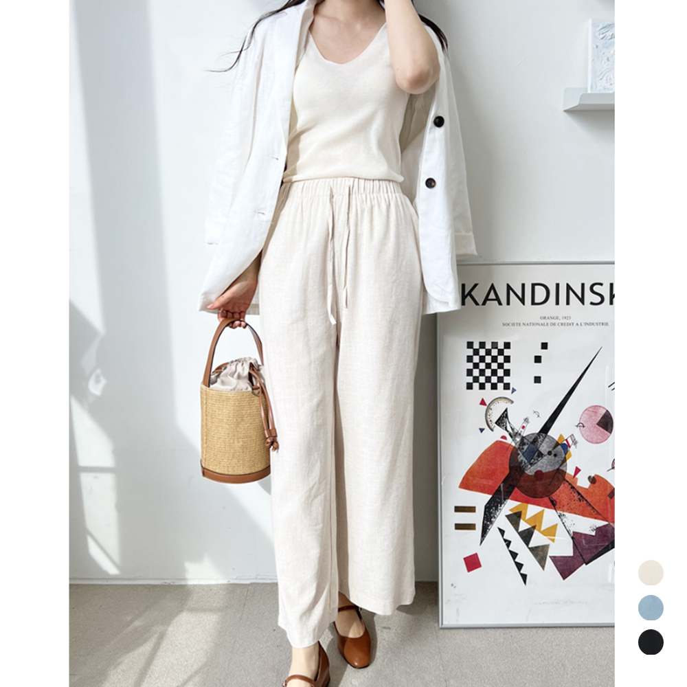 베이지색바지 여성 여름 마 린넨 일자 통 와이드 밴딩팬츠 - 상품 이미지