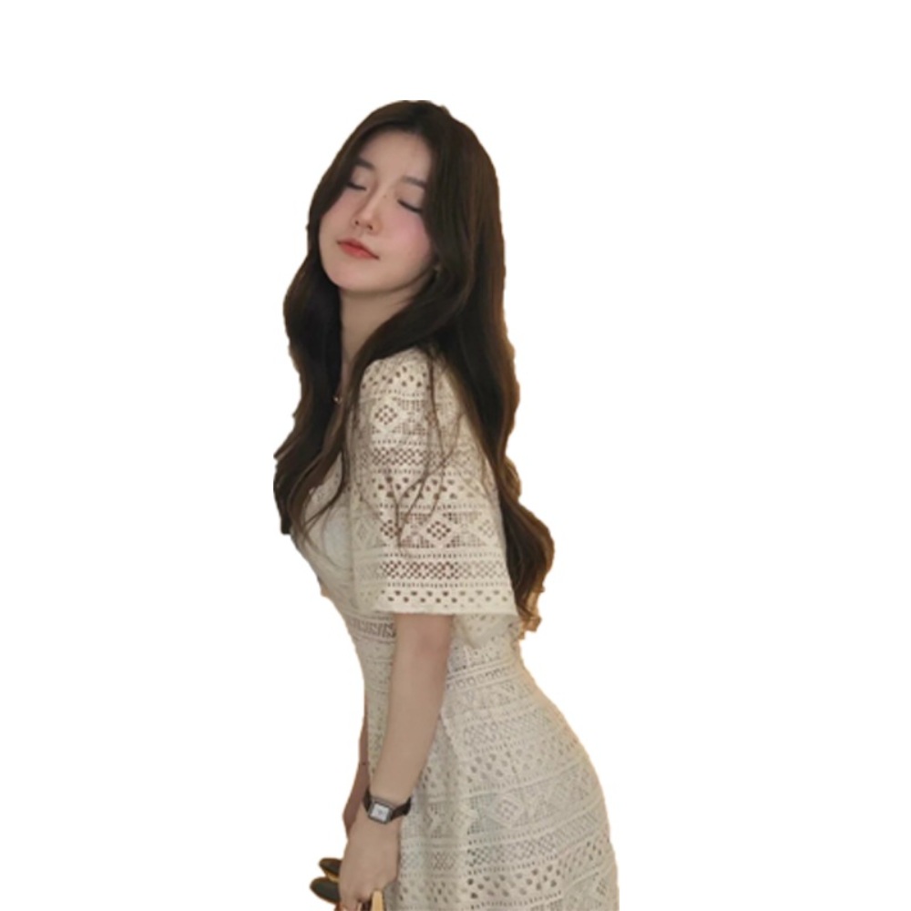 시스루 펀칭 스퀘어넥 반팔 머메이드 드레스 언피스 휴양지 동남아 여행 빅사이즈 아이보리 - 상세 이미지 5