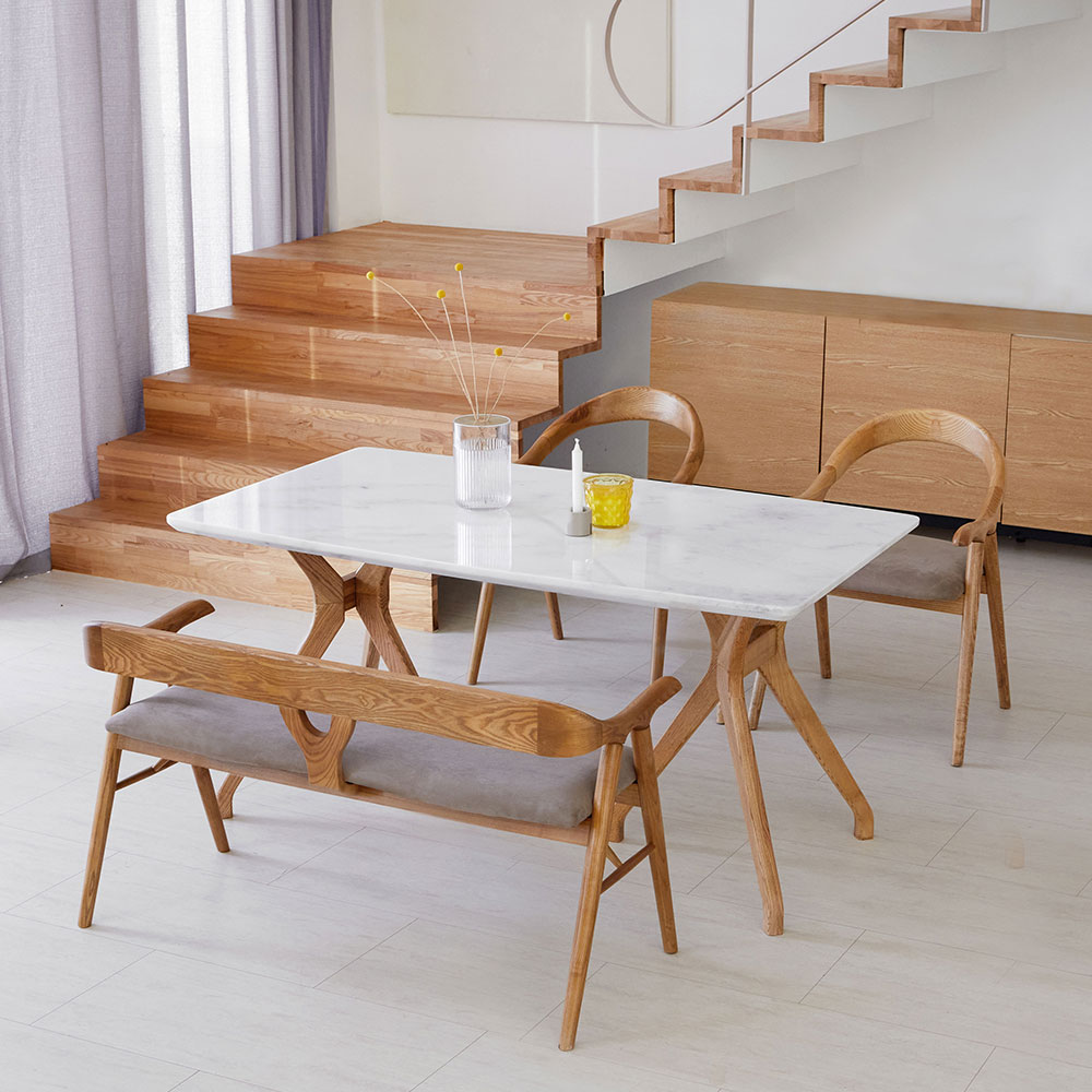 스코나 버튼스 비앙코 천연 대리석 애쉬원목 1500 4인 식탁세트(벤치1개+의자2개)