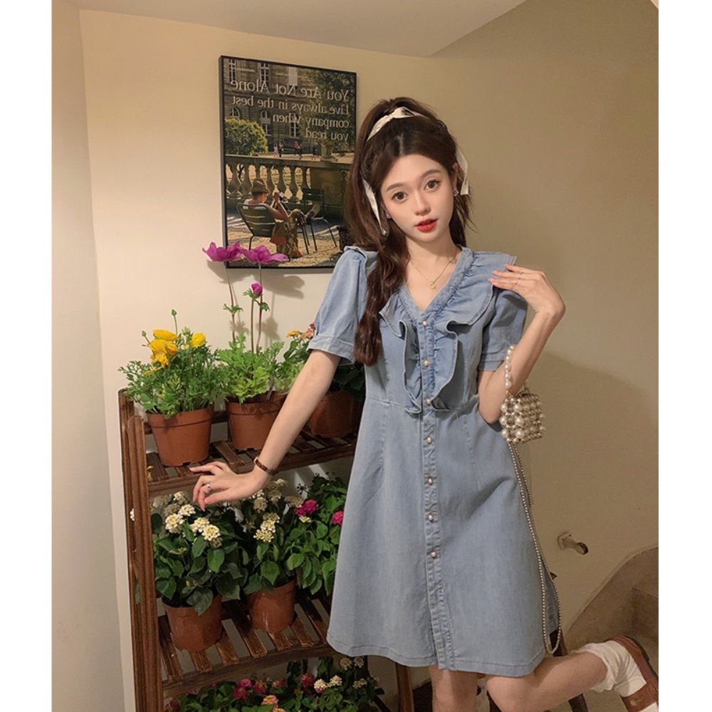 브이넥 프릴 데님원피스 반팔 러플 펄 진주 단추 빅사이즈 중년 여성 데일리 패션 - 상세 이미지 3