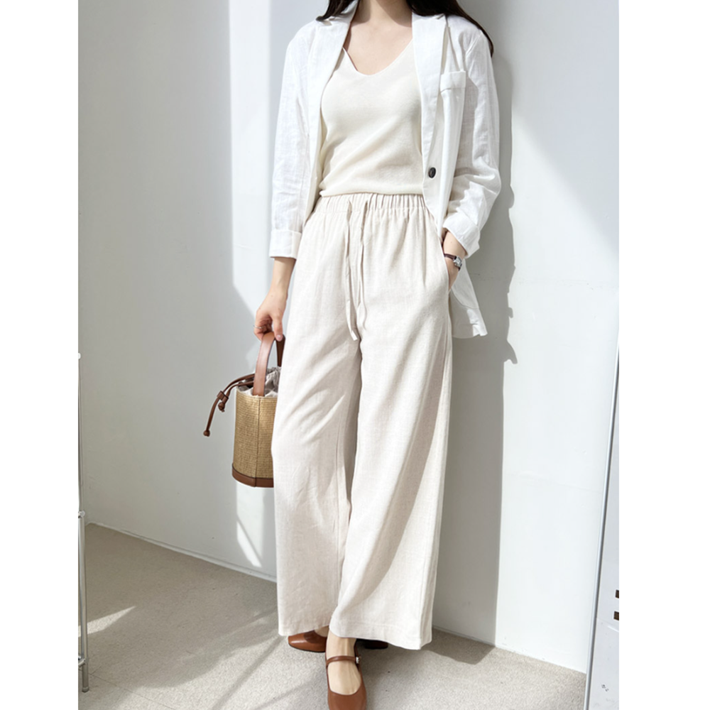 베이지색바지 여성 여름 마 린넨 일자 통 와이드 밴딩팬츠 - 상세 이미지 2