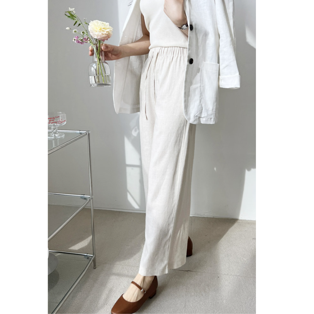 베이지색바지 여성 여름 마 린넨 일자 통 와이드 밴딩팬츠 - 상세 이미지 4