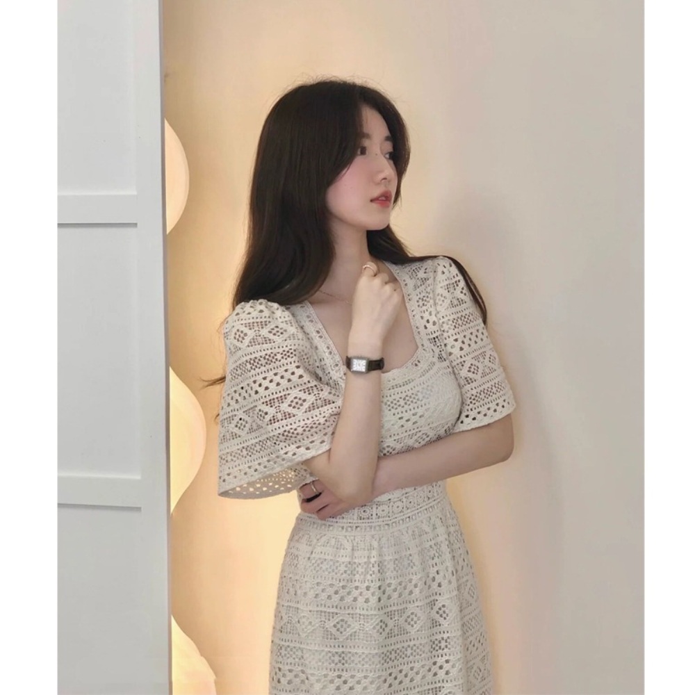 시스루 펀칭 스퀘어넥 반팔 머메이드 드레스 언피스 휴양지 동남아 여행 빅사이즈 아이보리 - 상세 이미지 4