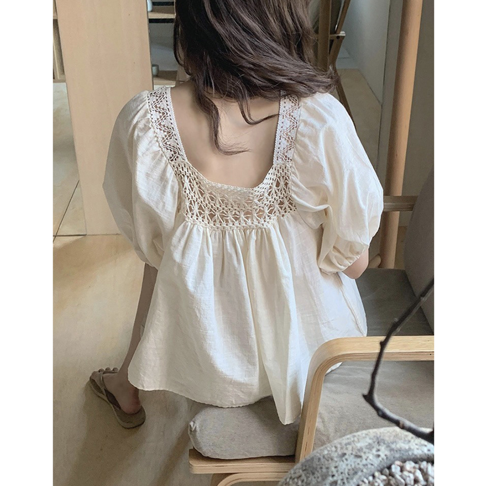 뒷주름블라우스 여름 흰 화이트 펀칭 뒤트임 퍼프 블라우스 - 상세 이미지 5