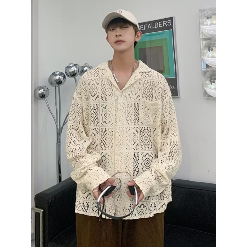 루즈핏 펀칭 셔츠 레이스 루즈핏 시스루 여름 태국여행 동남아 - 상세 이미지 3