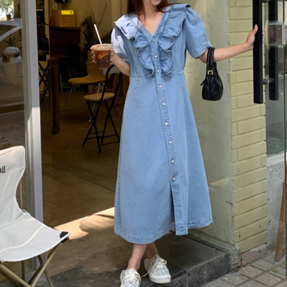 브이넥 프릴 데님원피스 반팔 러플 펄 진주 단추 빅사이즈 중년 여성 데일리 패션 - 상품 이미지