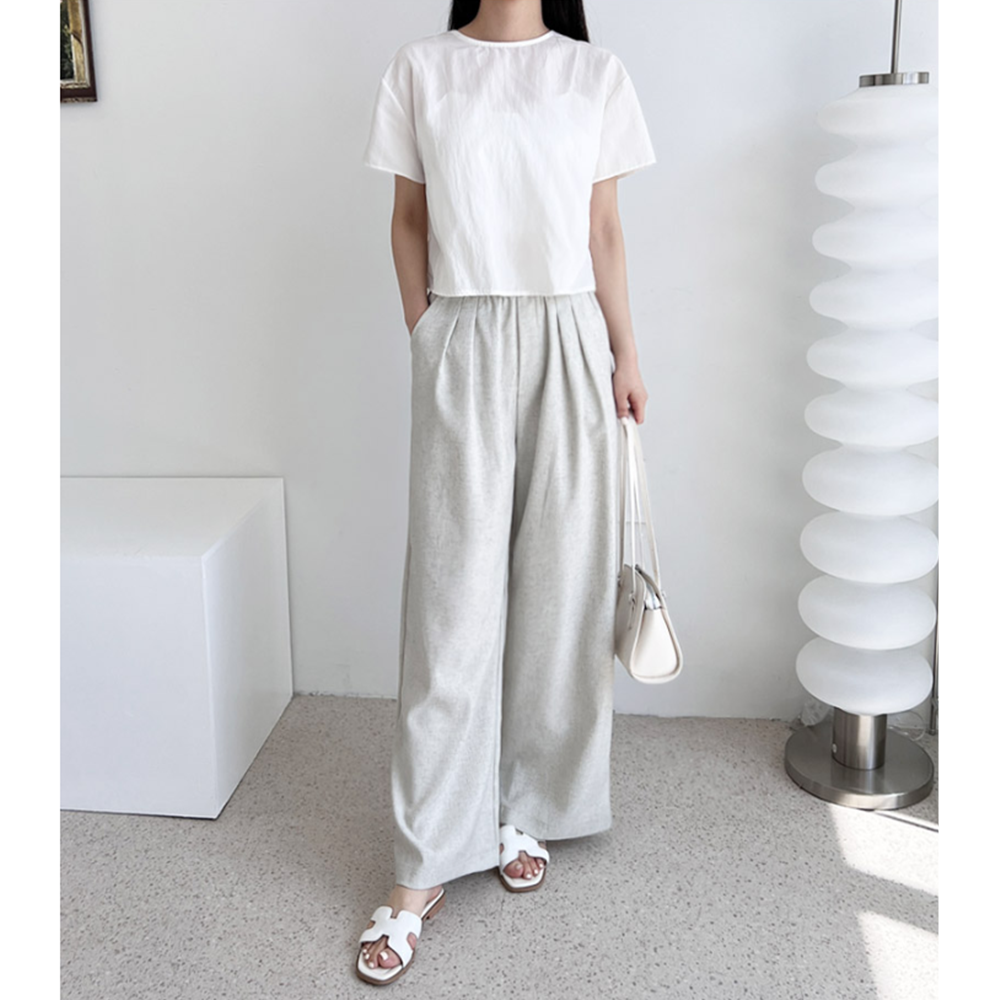 베이지색바지 여성 여름용 마 린넨 핀턱 통 와이드 밴딩팬츠 - 상세 이미지 2