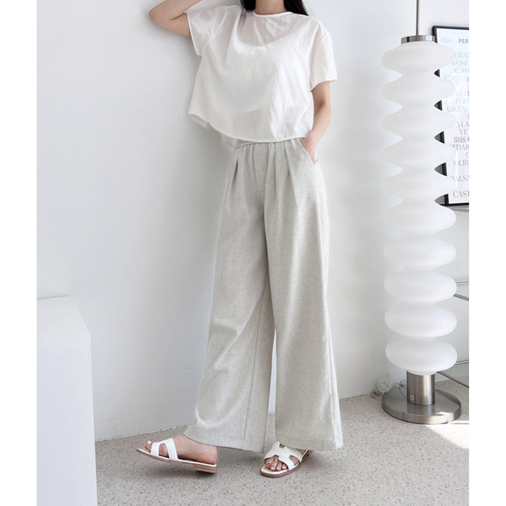 베이지색바지 여성 여름용 마 린넨 핀턱 통 와이드 밴딩팬츠 - 상세 이미지 5