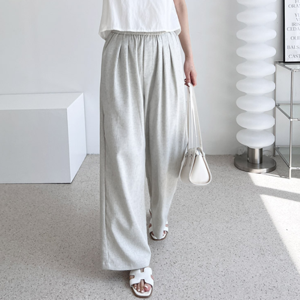 베이지색바지 여성 여름용 마 린넨 핀턱 통 와이드 밴딩팬츠 - 상세 이미지 4