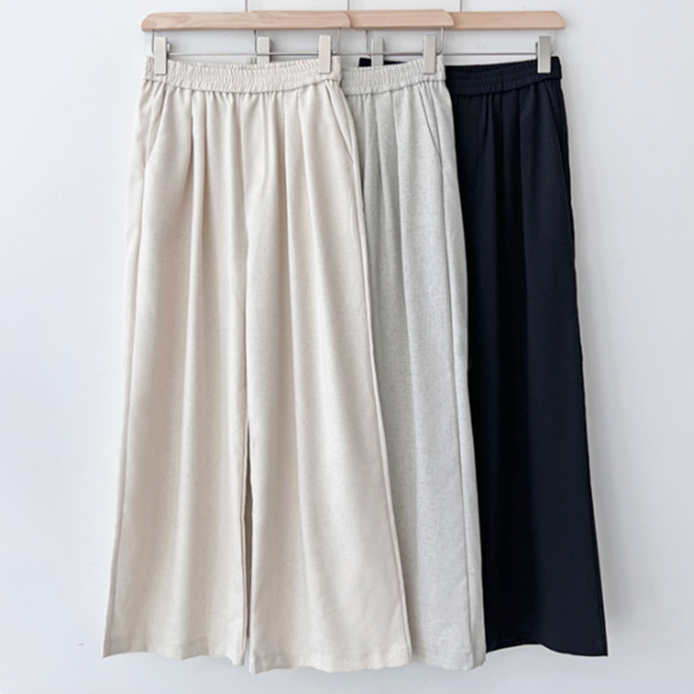 베이지색바지 여성 여름용 마 린넨 핀턱 통 와이드 밴딩팬츠 - 상품 이미지