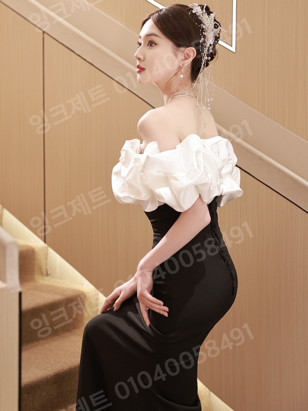 피로연 드레스 블랙 우아한 오프숄더 셀프 빅사이즈 퍼프 - 상세 이미지 5