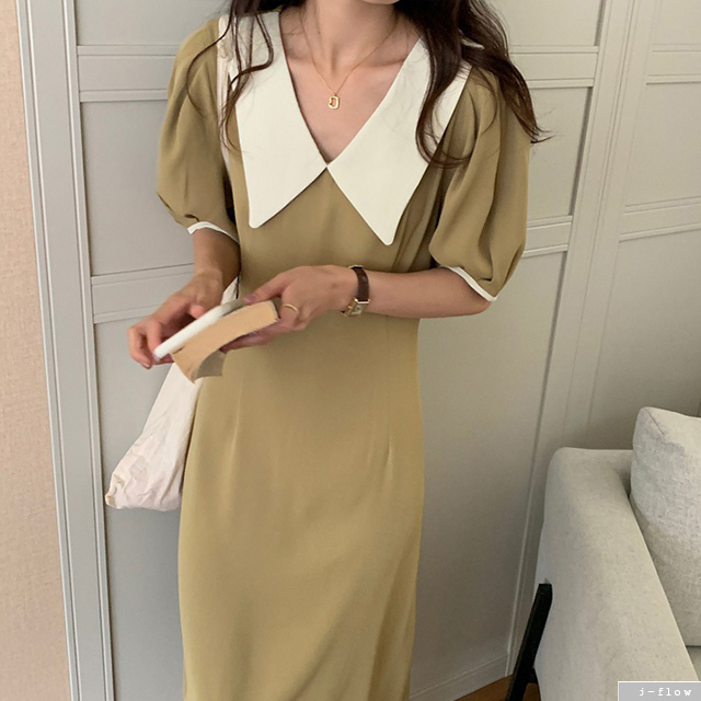 마르헨 배색 카라 실키 퍼프 롱원피스 2color 제이플로우 여름 A라인 핀턱 허리끈벨트 - 상세 이미지 3