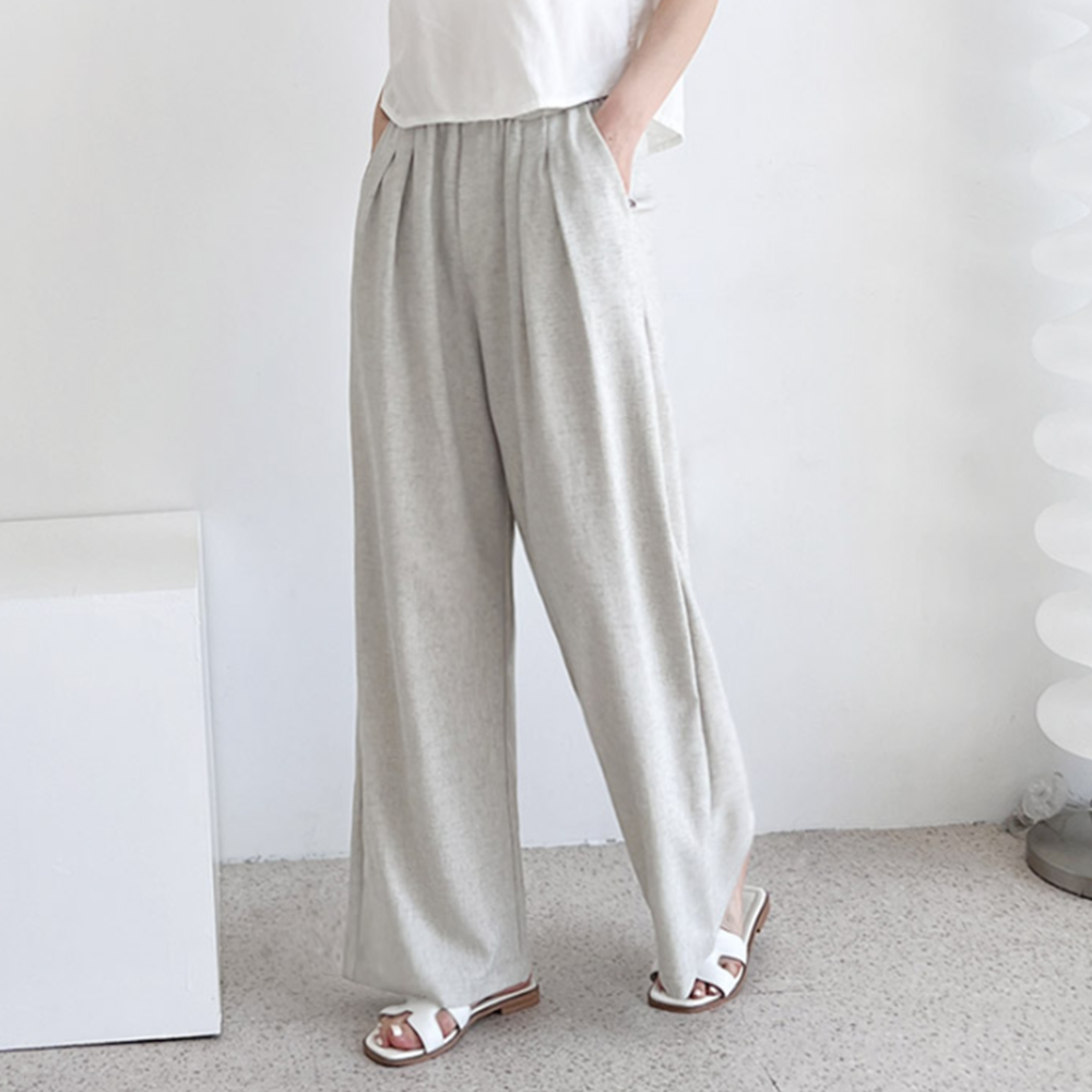 베이지색바지 여성 여름용 마 린넨 핀턱 통 와이드 밴딩팬츠 - 상세 이미지 3