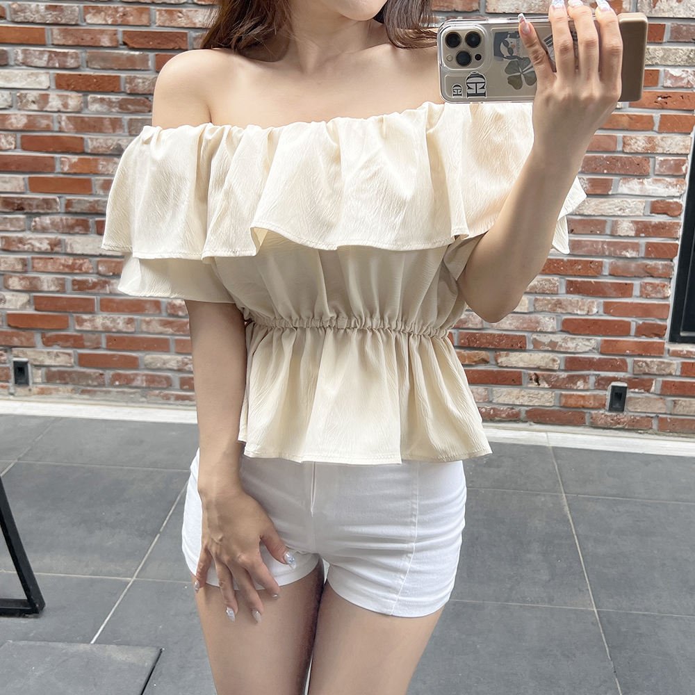 스모크 오프숄더 프릴 러플 밴딩 블라우스 3color - 상세 이미지 3