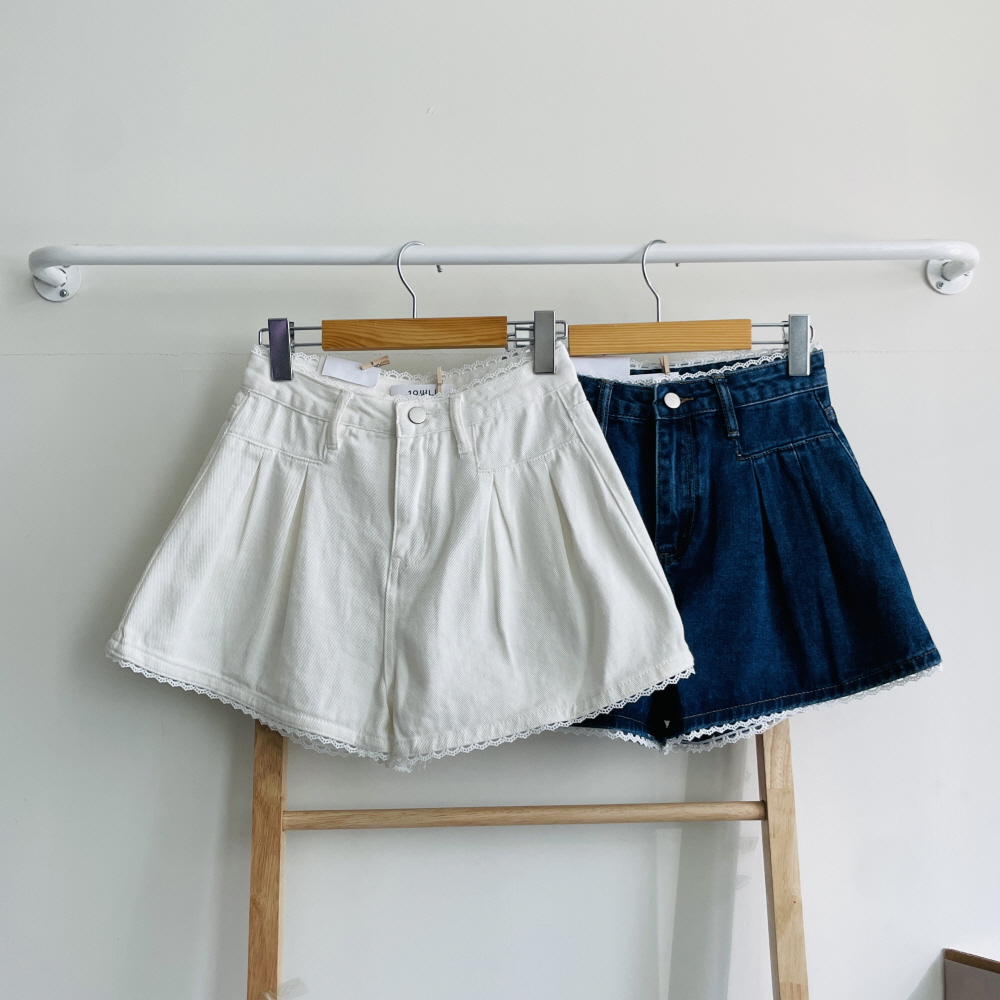 3부 A라인 청반바지 데님반바지 여름 여성 레이스 핀턱 와이드 청바지 팬츠