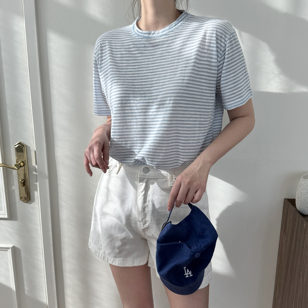 캐주얼 단가라 여름 여성 티셔츠 라운드 스트라이프 티셔츠 여자 반팔티 이미지 7