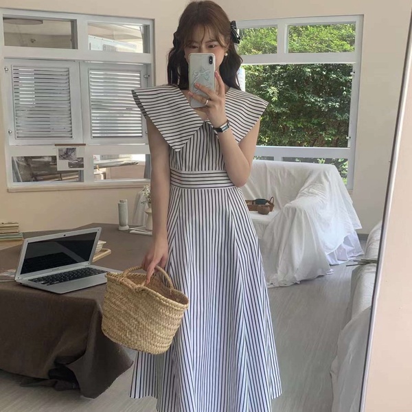 푸바오 뒷리본 단가라 벨트 세일러 빅카라 여름 스트라이프 플레어 A라인 롱원피스 - 상품 이미지