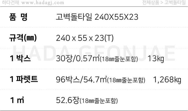 고벽돌타일 240x55x23T 적고벽돌타일, 백고벽돌타일, 청고벽돌타일 / 하다건재 파벽돌