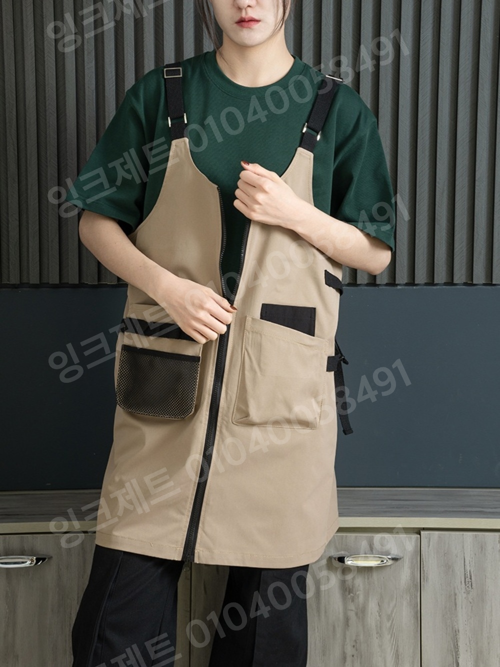 작업 앞치마 더블 포켓 지퍼 꽃집 공방 미대생 주머니 - 상품 이미지