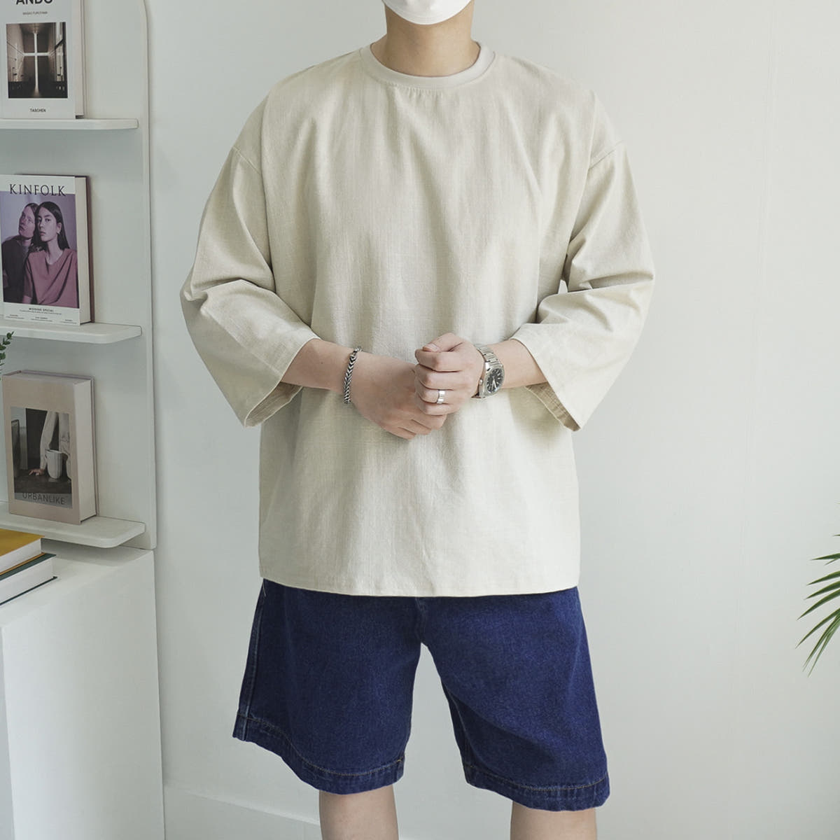 비욘드마이셀프 남자 여름 린넨 7부 오버핏 반팔티셔츠 5color
