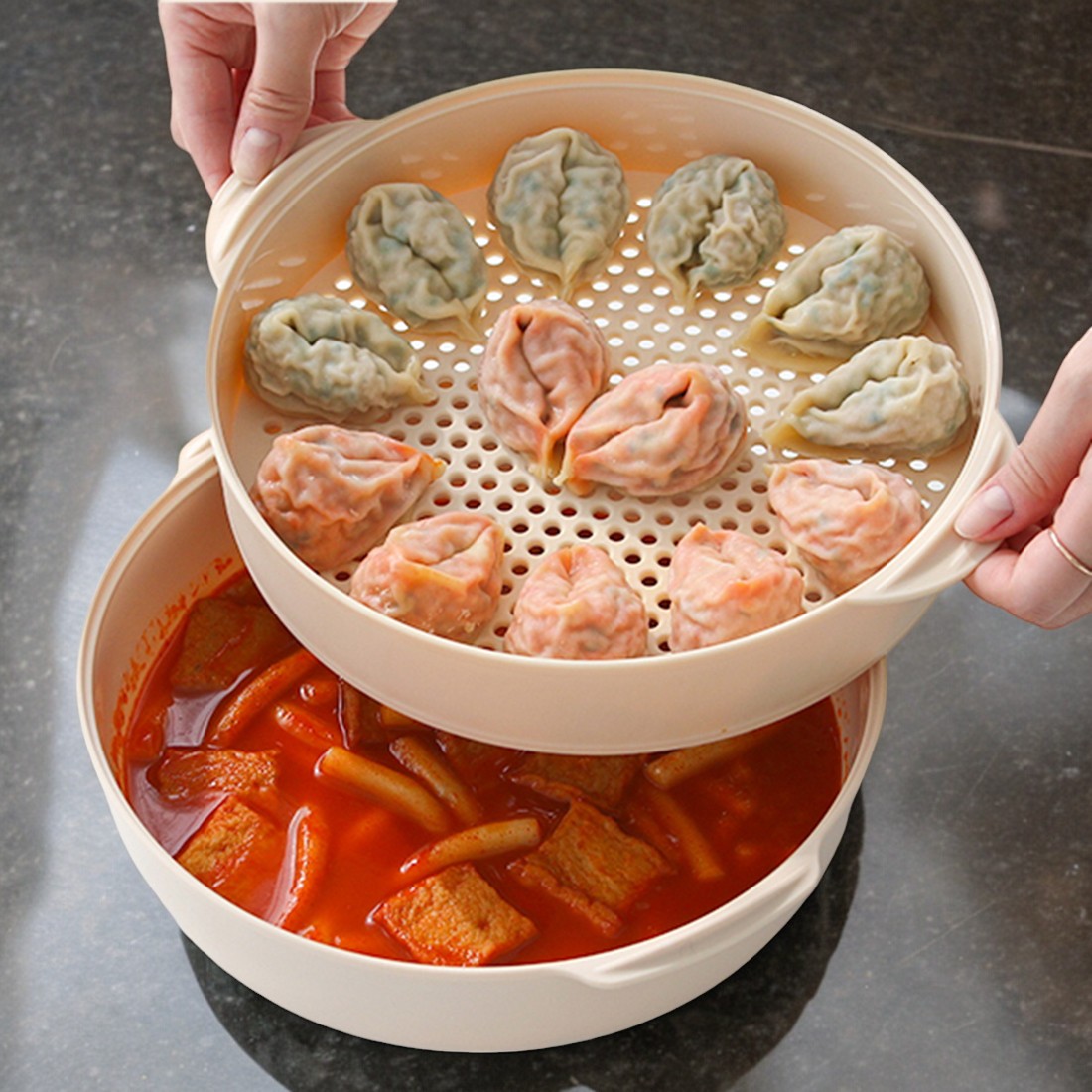 2단 스팀전자레인지찜냄비 야채 계란찜 양배추 찜기 전자레인지 돔뚜껑 라면 용기