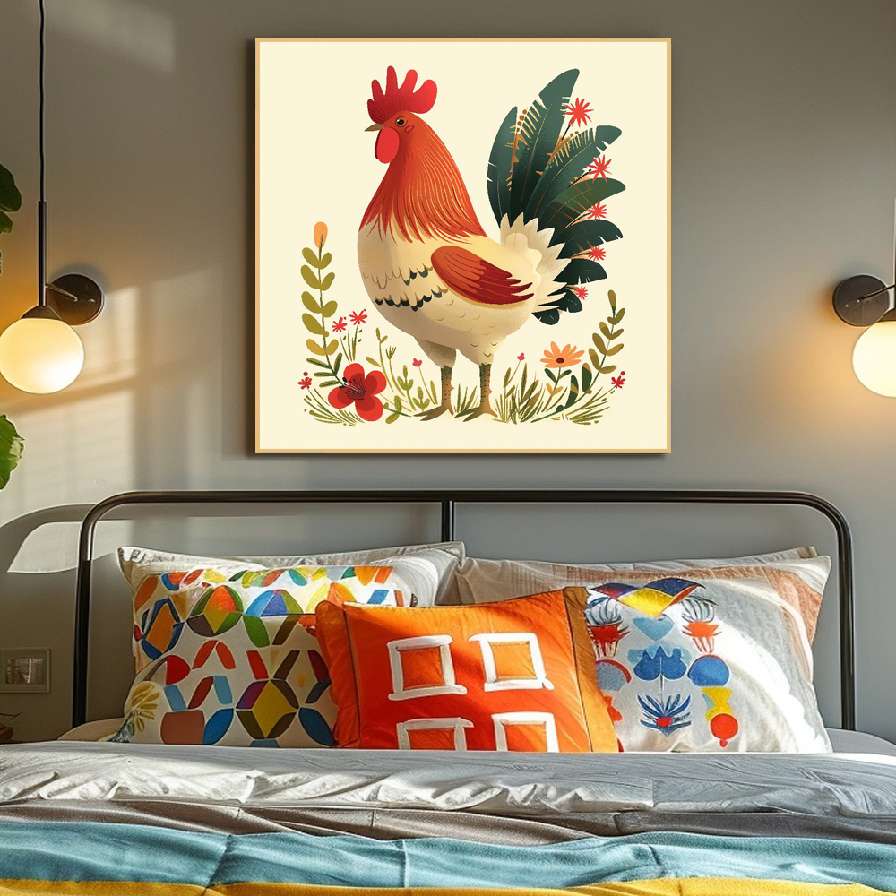 닭과국화 80x80cm 무광골드 알루미늄액자 닭그림 - 상세 이미지 4