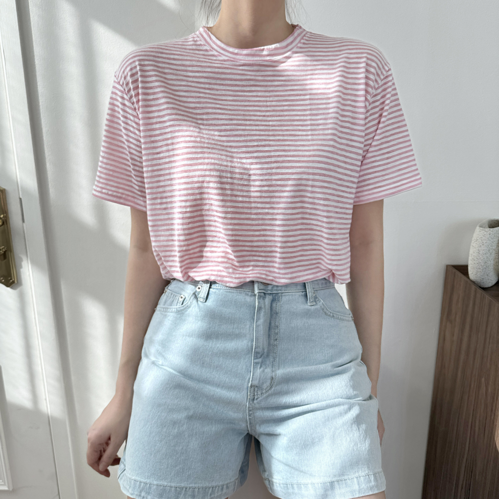 캐주얼 단가라 여름 여성 티셔츠 라운드 스트라이프 티셔츠 여자 반팔티 이미지 8