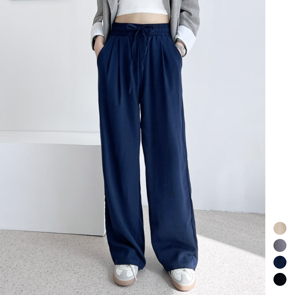 곤색바지 여성 여름 마 린넨 네이비 핀턱 와이드 밴딩팬츠 - 상품 이미지