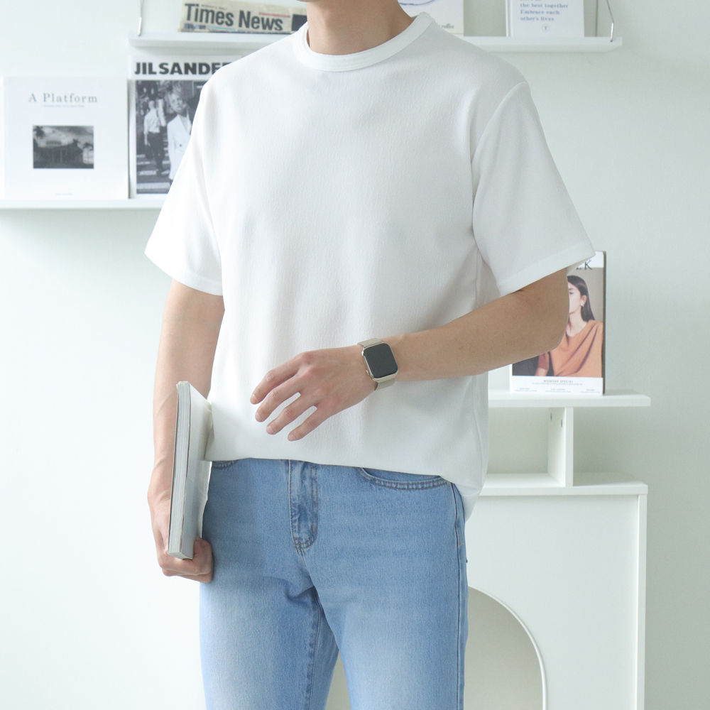 남자 반팔티 오버핏 무지 흰색 여름 반팔 티셔츠 - 상품 이미지