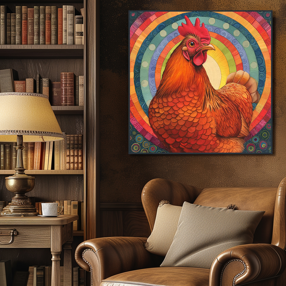 닭과국화 80x80cm 무광골드 알루미늄액자 닭그림 - 상세 이미지 2