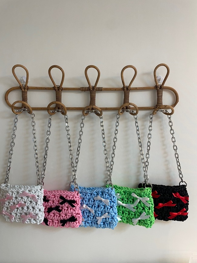 핸드메이드 니트 그물 리본 체인 버킷 숄더백 여름 뜨개가방