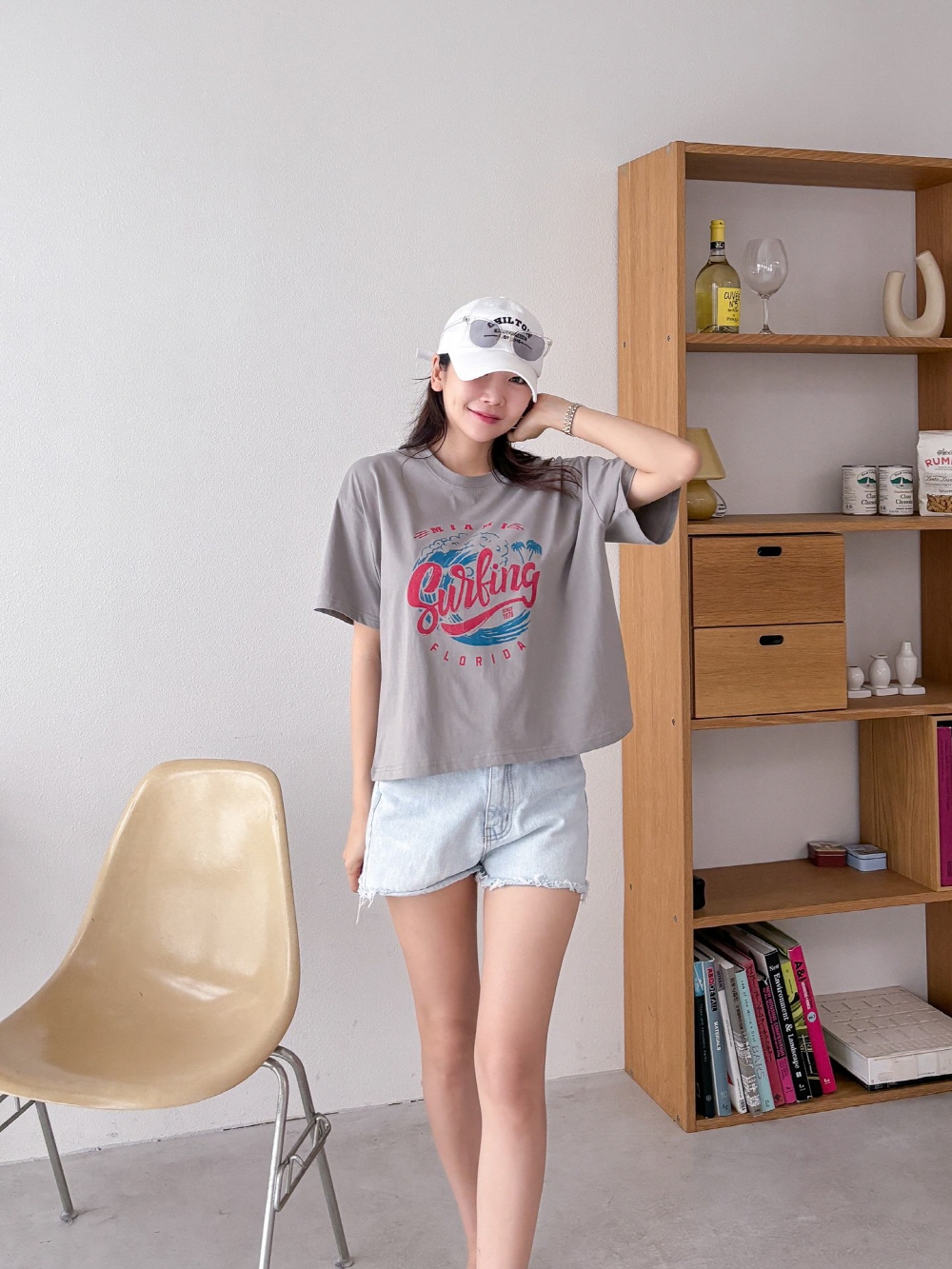 세미크롭 반팔티 여름 여성 서핑 프린팅 면 반팔 티셔츠 - 상세 이미지 3