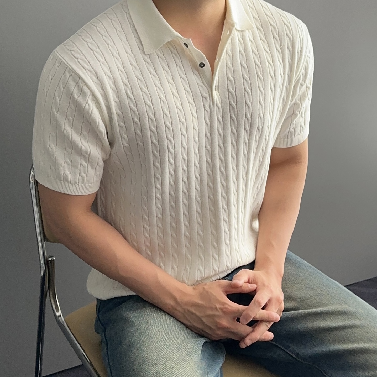 1+1 머슬핏반팔니트 남자꽈배기니트 - 상세 이미지 5