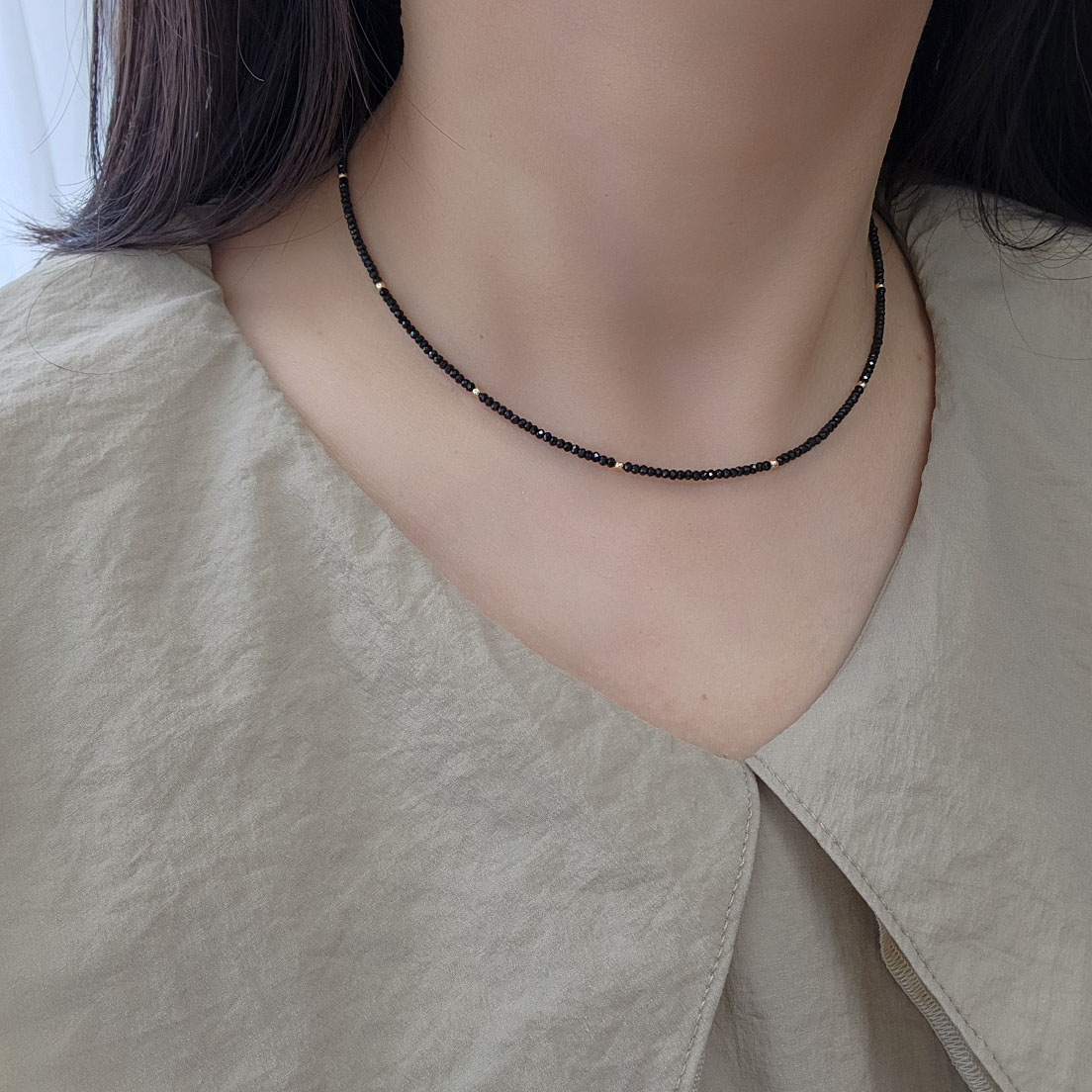 블랙 스피넬 원석목걸이 레이어드 초커 비즈 14k 골드 필드 볼 이미지 2