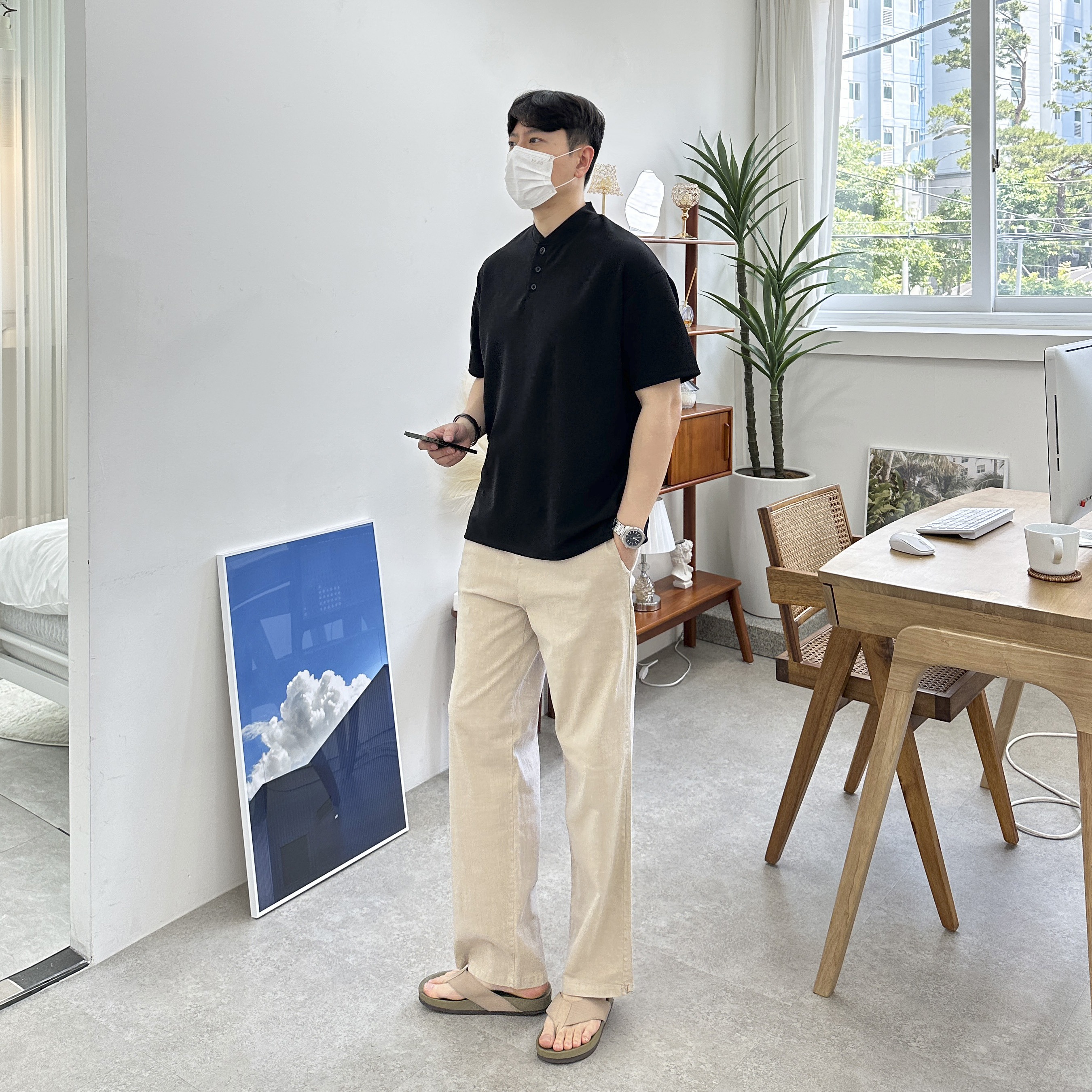 남자 심플 베이직 헨리넥 단추 반팔티셔츠 4color - 상세 이미지 4