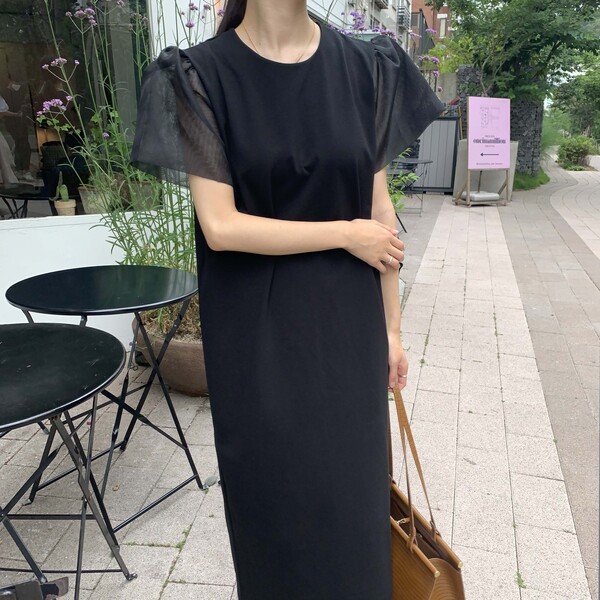분또 엔젤 소매 오간자 고급 라운드넥 반팔 시스루 하객룩 루즈핏 샤 퍼프 여름 롱원피스 - 상세 이미지 5