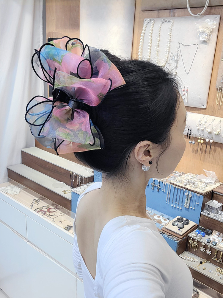 루루핀 핑크톤 블루톤 믹스 컬러 3단 시스루 볼륨 왕리본 올림머리 반머리 집게핀 - 상품 이미지