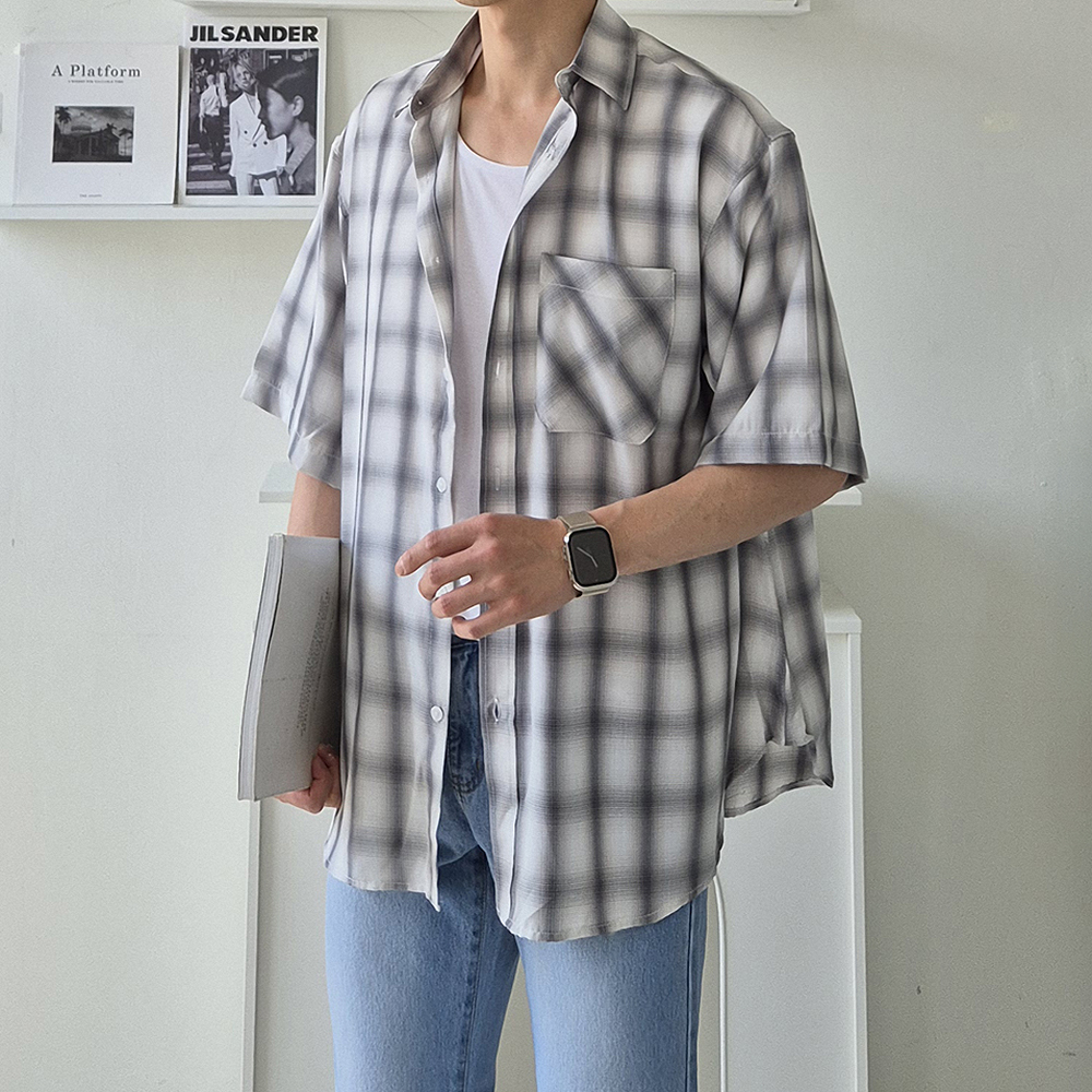 남자 반팔셔츠 오버핏 체크 여름 남방 남자 셔츠