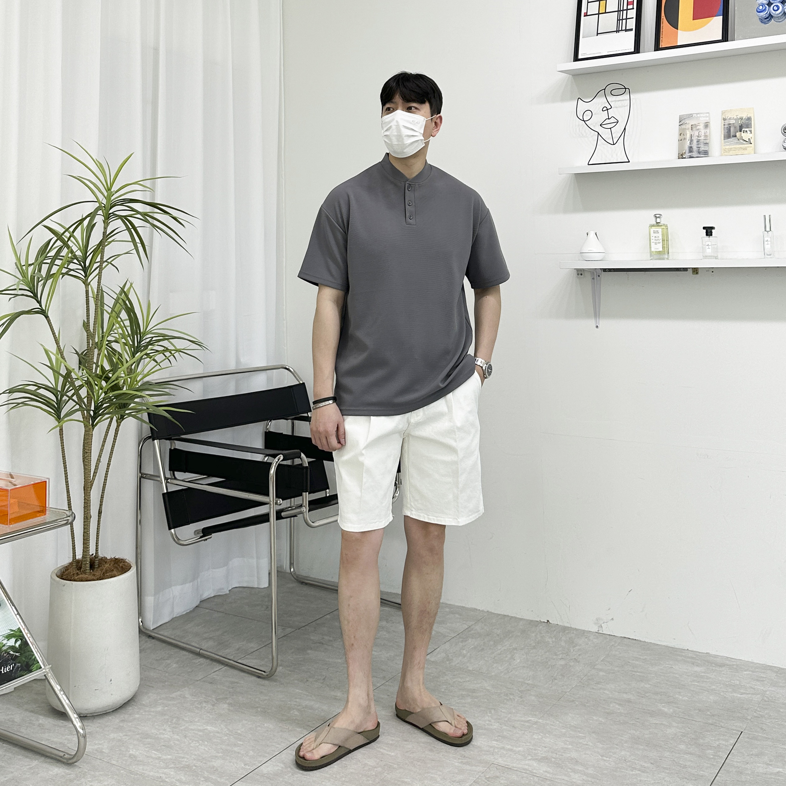 남자 심플 베이직 헨리넥 단추 반팔티셔츠 4color 이미지 8