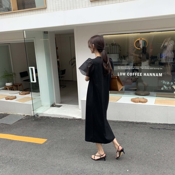 분또 엔젤 소매 오간자 고급 라운드넥 반팔 시스루 하객룩 루즈핏 샤 퍼프 여름 롱원피스 - 상세 이미지 2