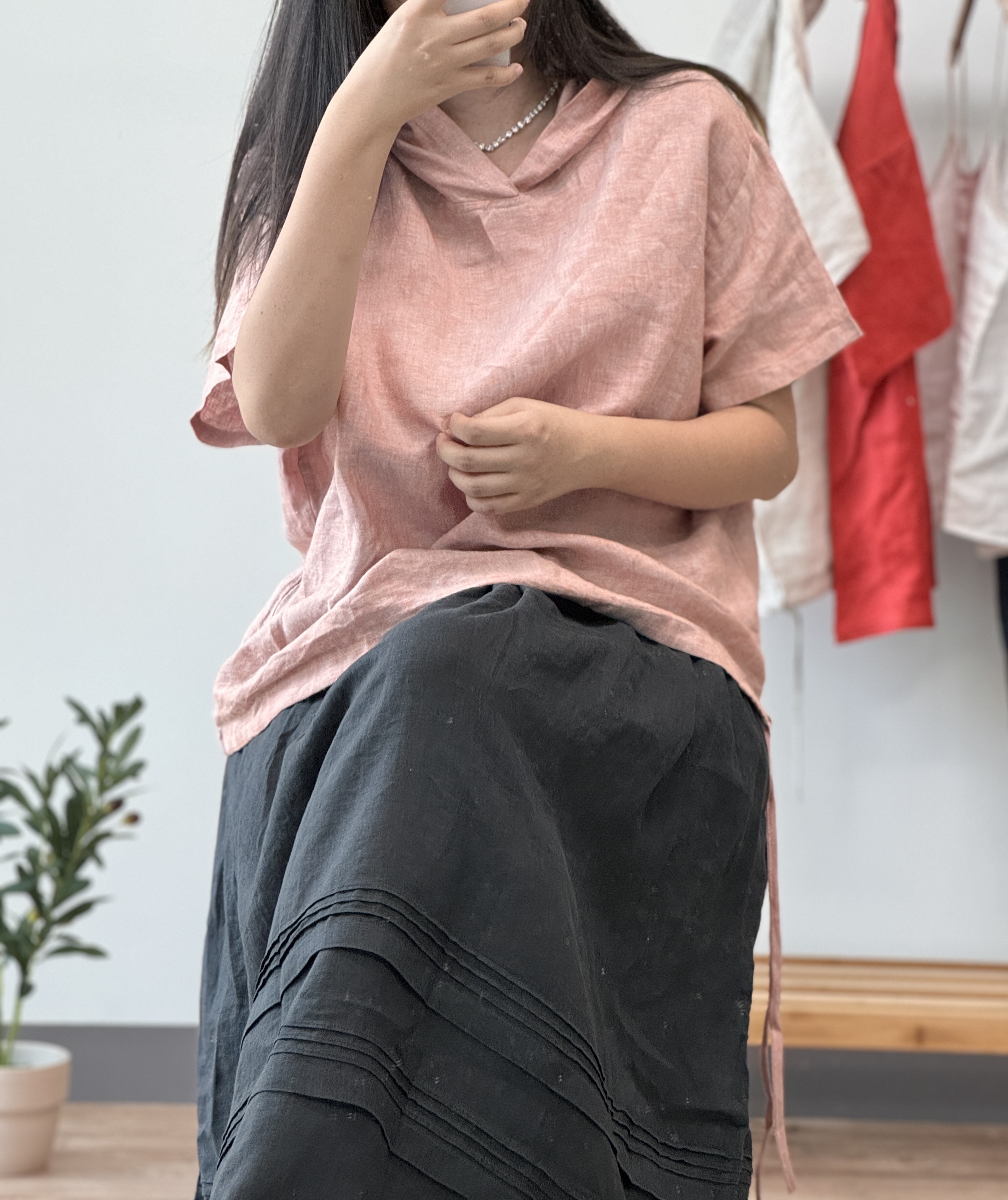 린넨후드블라우스 반팔 스트링블라우스 오버핏 루즈핏후드 미시옷 - 상세 이미지 2