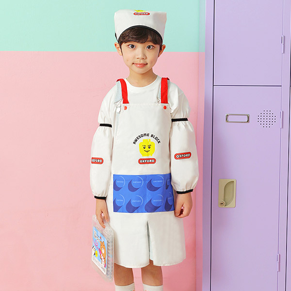 옥스포드 블럭 앞치마세트 남아 어린이집 유치원 요리 미술가운 방수 토시 두건 - 상품 이미지