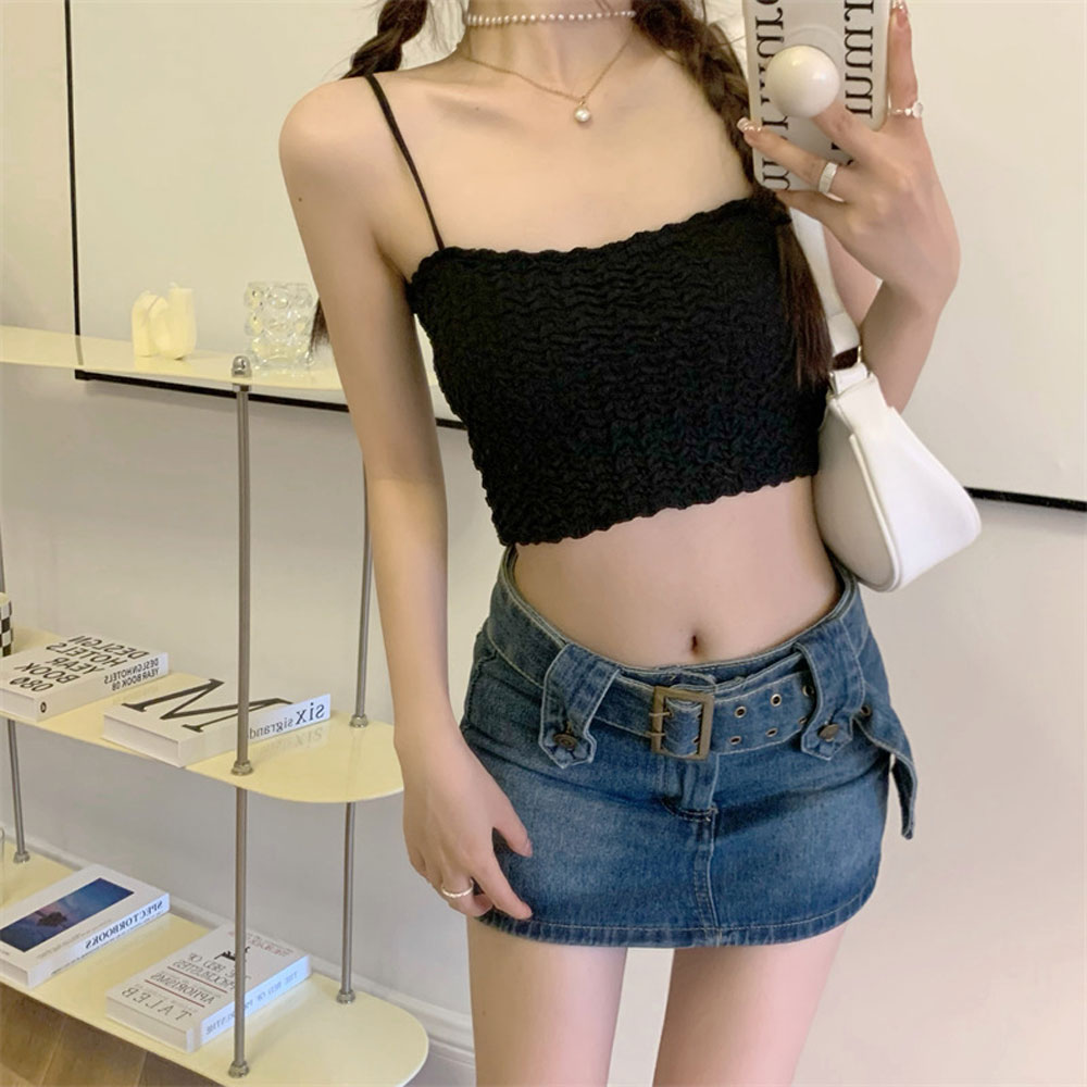 캡 크롭티 여름 끈나시 탑 레이어드 배꼽 탱크탑 노브라티 - 상세 이미지 3