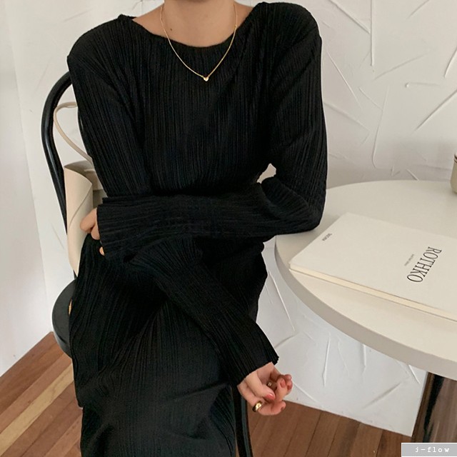 블랙 플리츠 주름 밴딩 슬림 롱 원피스 1color 가을 봄 레이어드 모임룩 제이플로우 - 상세 이미지 5