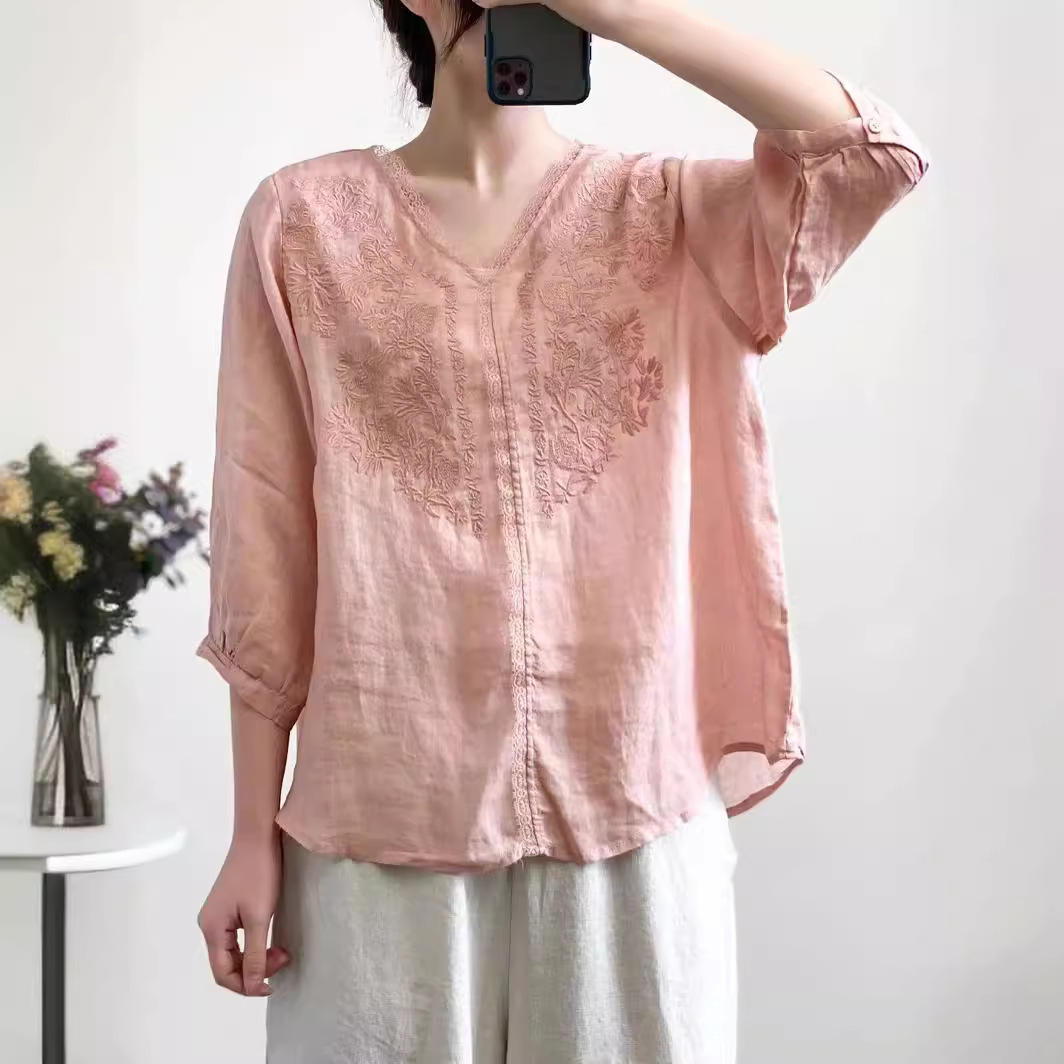 모시블라우스 자수블라우스 엄마옷 66 77사이즈 중년여성의류 - 상세 이미지 3