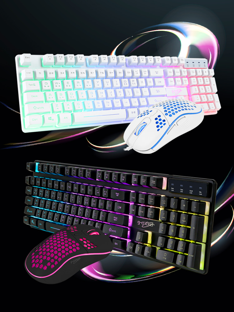 지클릭커 슈퍼 히어로 RGB 게이밍 키보드 마우스 세트 화이트 - 메인 이미지