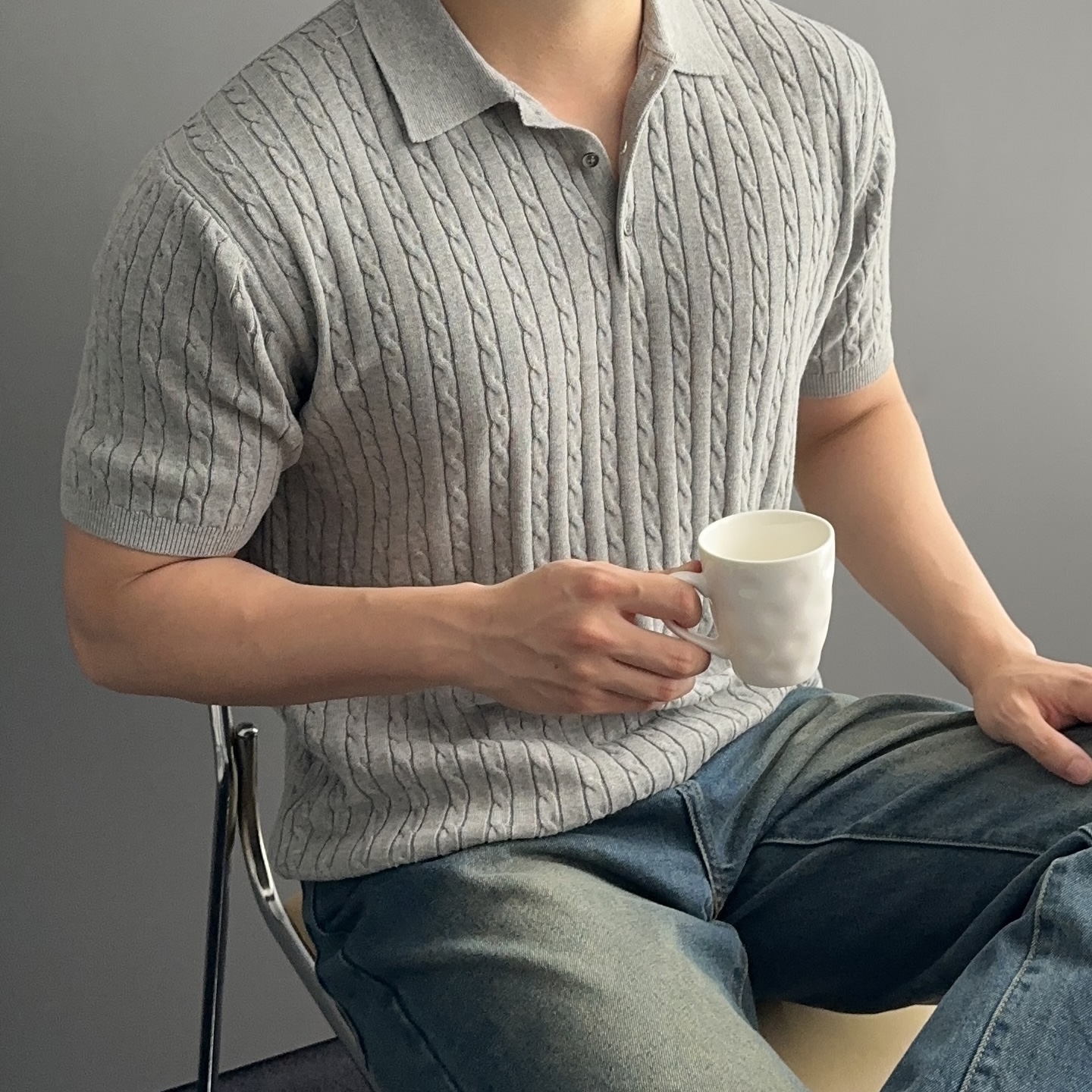 1+1 머슬핏반팔니트 남자꽈배기니트 - 상세 이미지 3