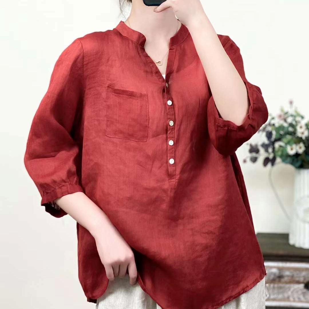 모시블라우스 브이넥 엄마옷 오버핏 77사이즈 중년여성의류 이미지 6